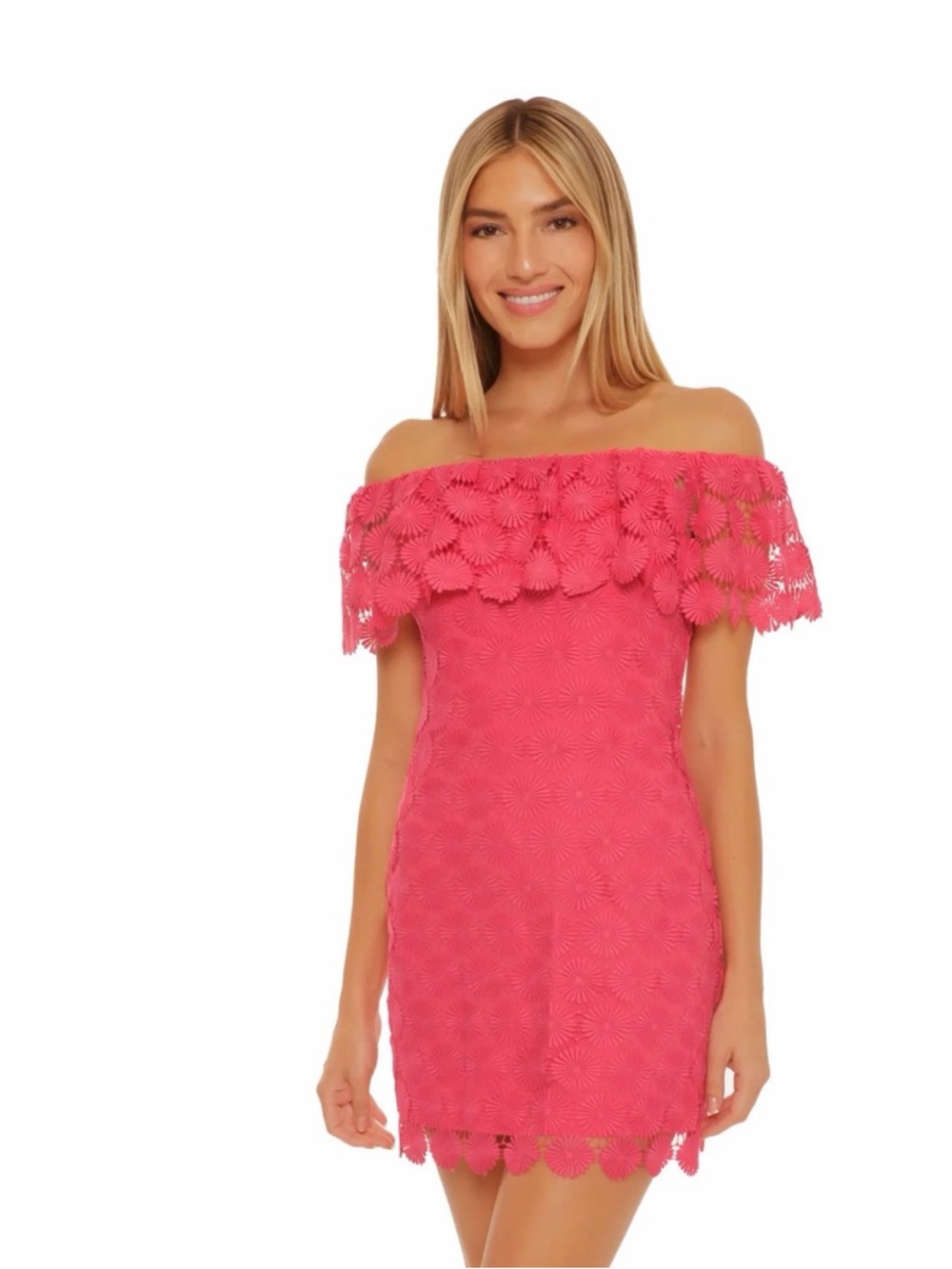 Trina Turk Bardot Daisy Crochet Off-the-Shoulder Dress Pink Large Vacation NWT